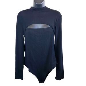 NWT Mangopop Black Cutout Bodysuit XL Mock Neck Long Sleeve Bodycon‎ Top